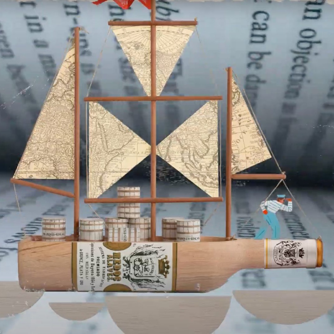 Ilustración de un barco hecho con una botella de vino