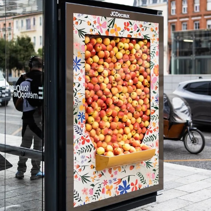 La marquesina de JCDecaux con las manzanas saliendo por abajo
