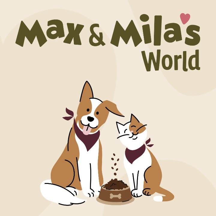 El dibujo de Max y Mila, un perro y un gato junto a un cuenco de pienso