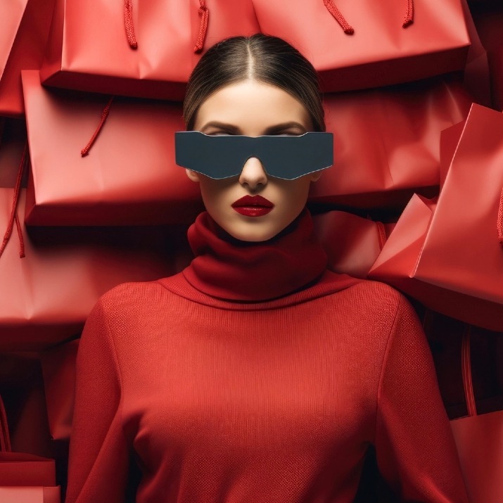 Una mujer con gafas futurísticas vestida de rojo y rodeada de bolsas de compras también rojas