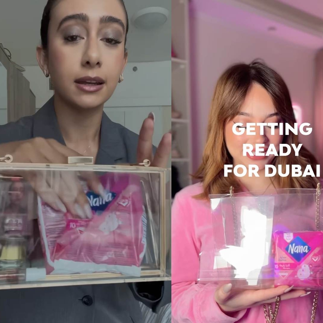 Influencers mostrando compresas en bolsos transparentes