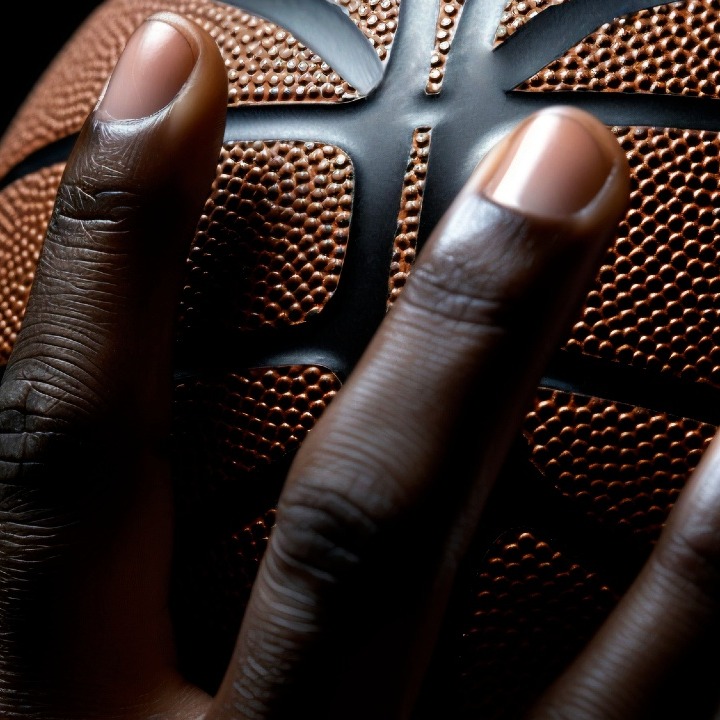 Una mano negra sujetando un balón de baloncesto