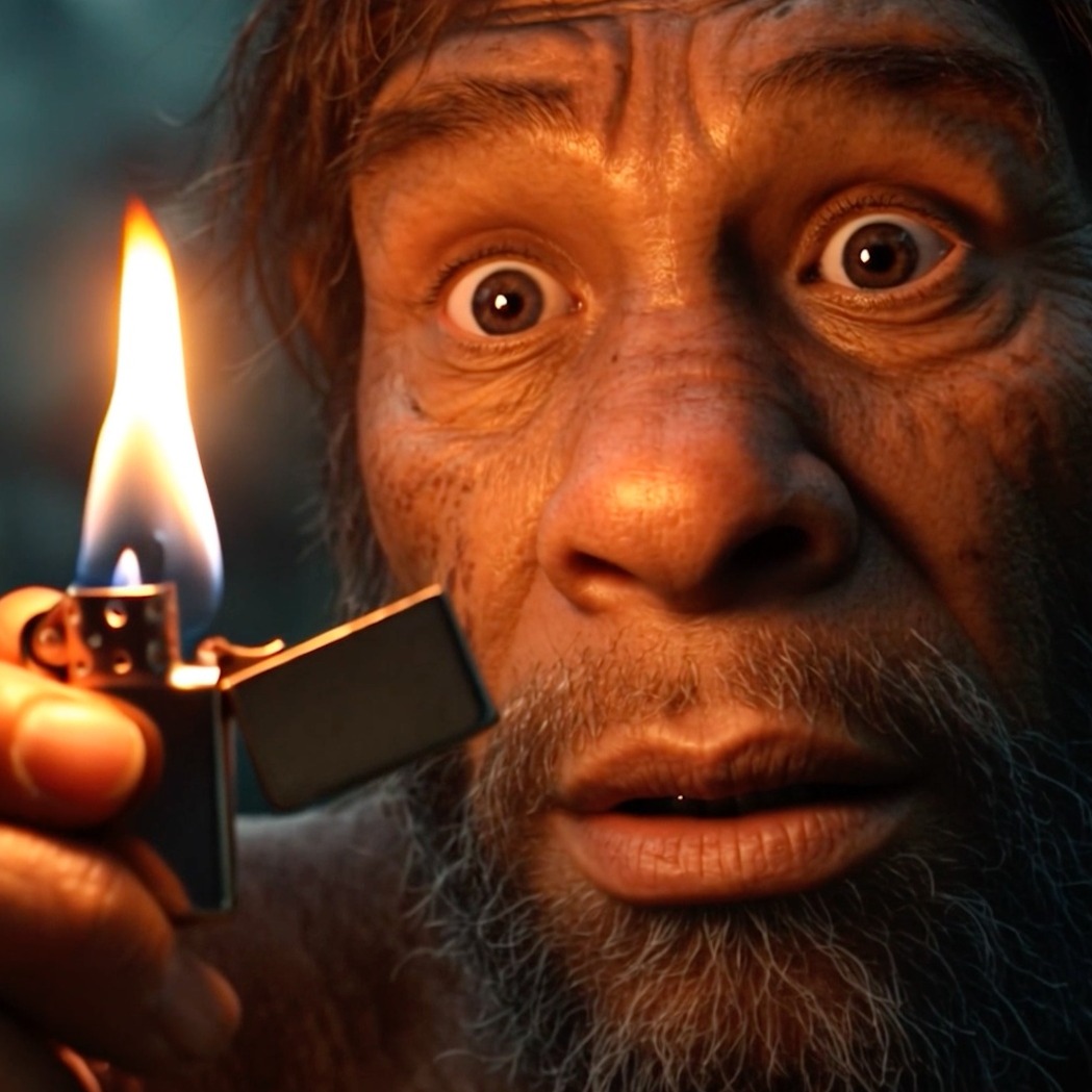 Un neandertal mirando con asombro un mechero