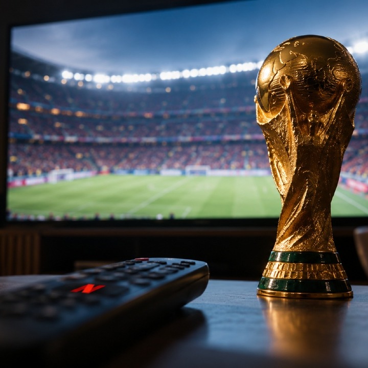 Una mesa con el mando de la TV y el botón de Netflix, de fondo una televisión con el fútbol y al lado el trofeo de la Copa del Mundo