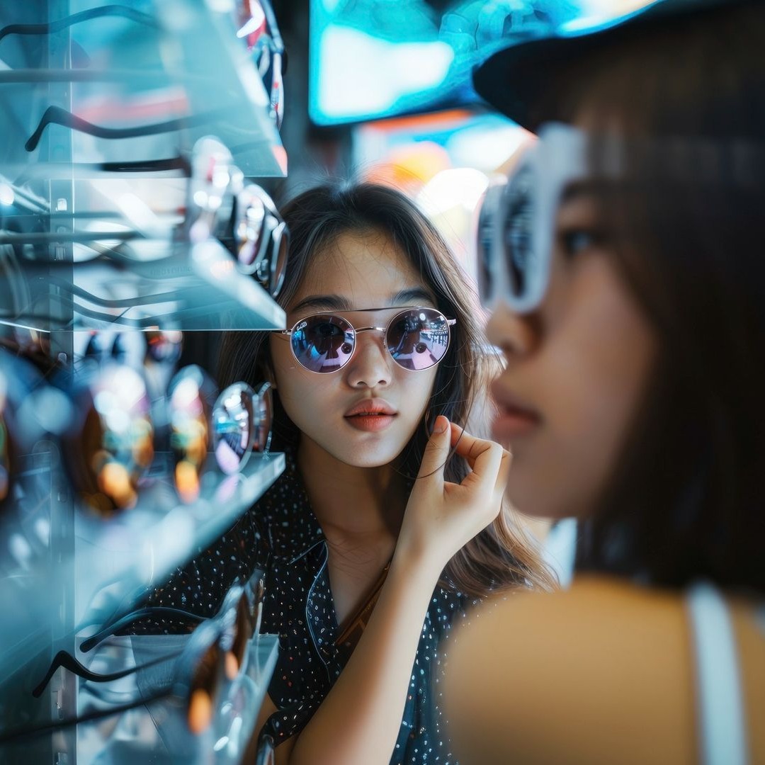 Dos chicas se prueban gafas de sol en una tienda