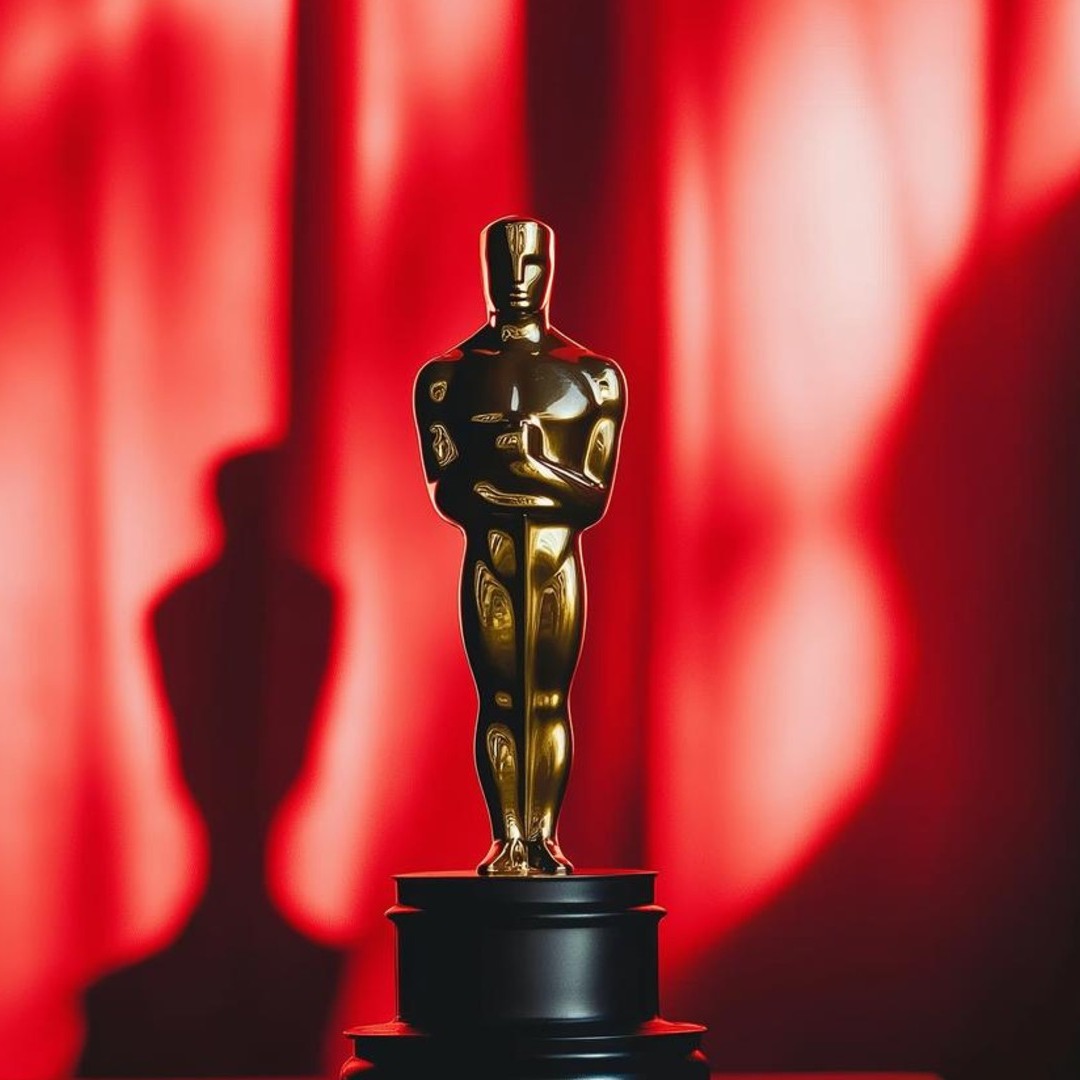 Estatua de Premios Óscar con telón rojo de fondo