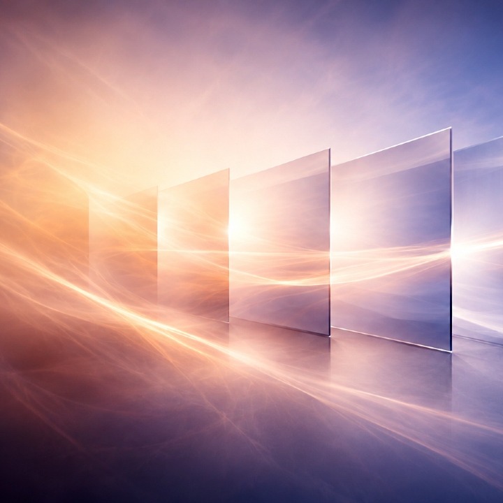Una composición con cristales, superficies transparentes y reflejos
