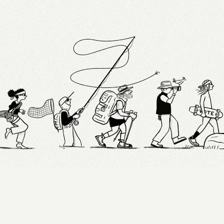 Viñeta de personas en fila en blanco y negro, representando diferentes personalidades que van a votar