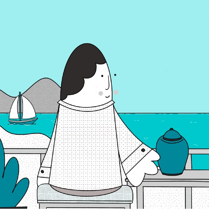 Una ilustración de una persona junto a una urna funeraria