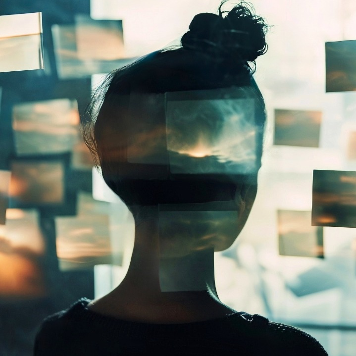 La cabeza de una chica de espaldas rodeada de post its