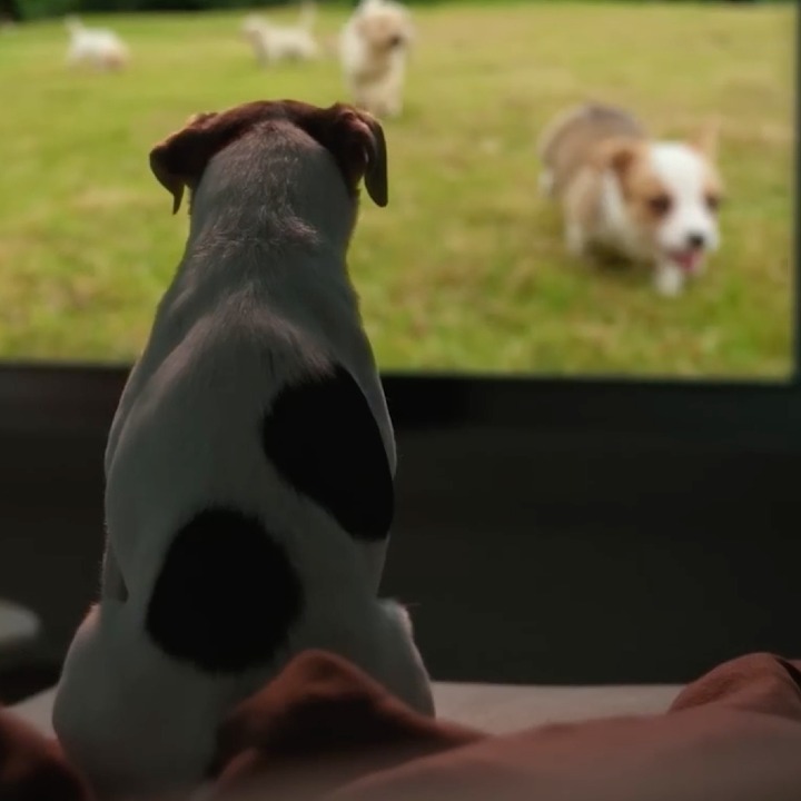 Esto es una casa inteligente, según Samsung Un perro sobre el sofá viendo perros en la televisión