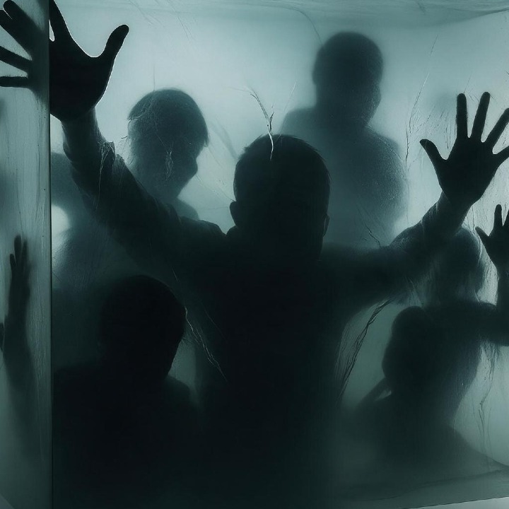 Sombras de personas dentro de un cubo de cristal, intentando salir