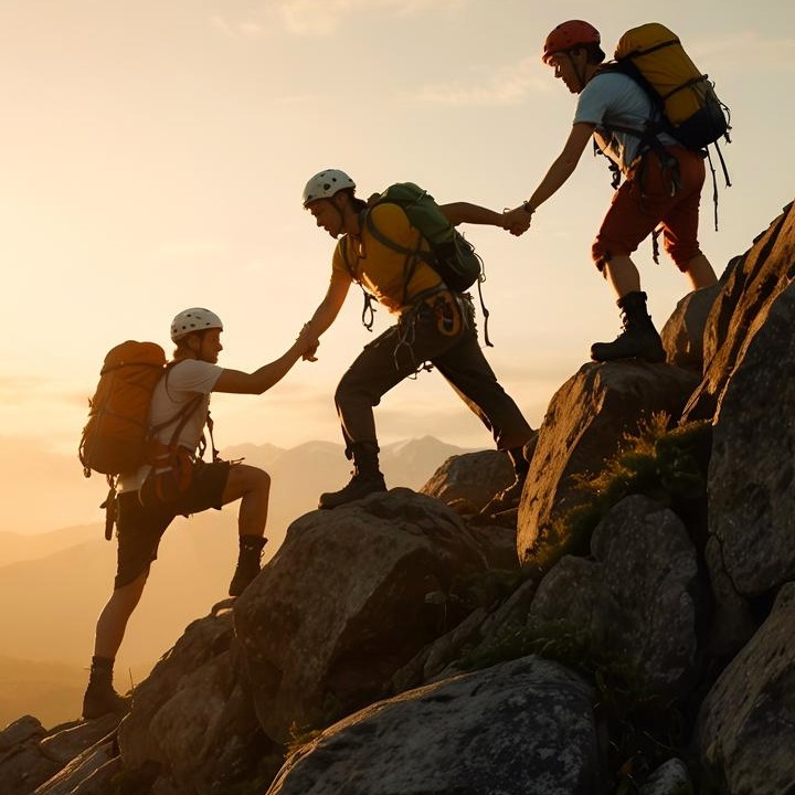 Tres personas escalando unas rocas en equipo