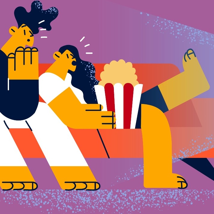 Ilustración de una pareja viendo la televisión en el sofá con palomitas