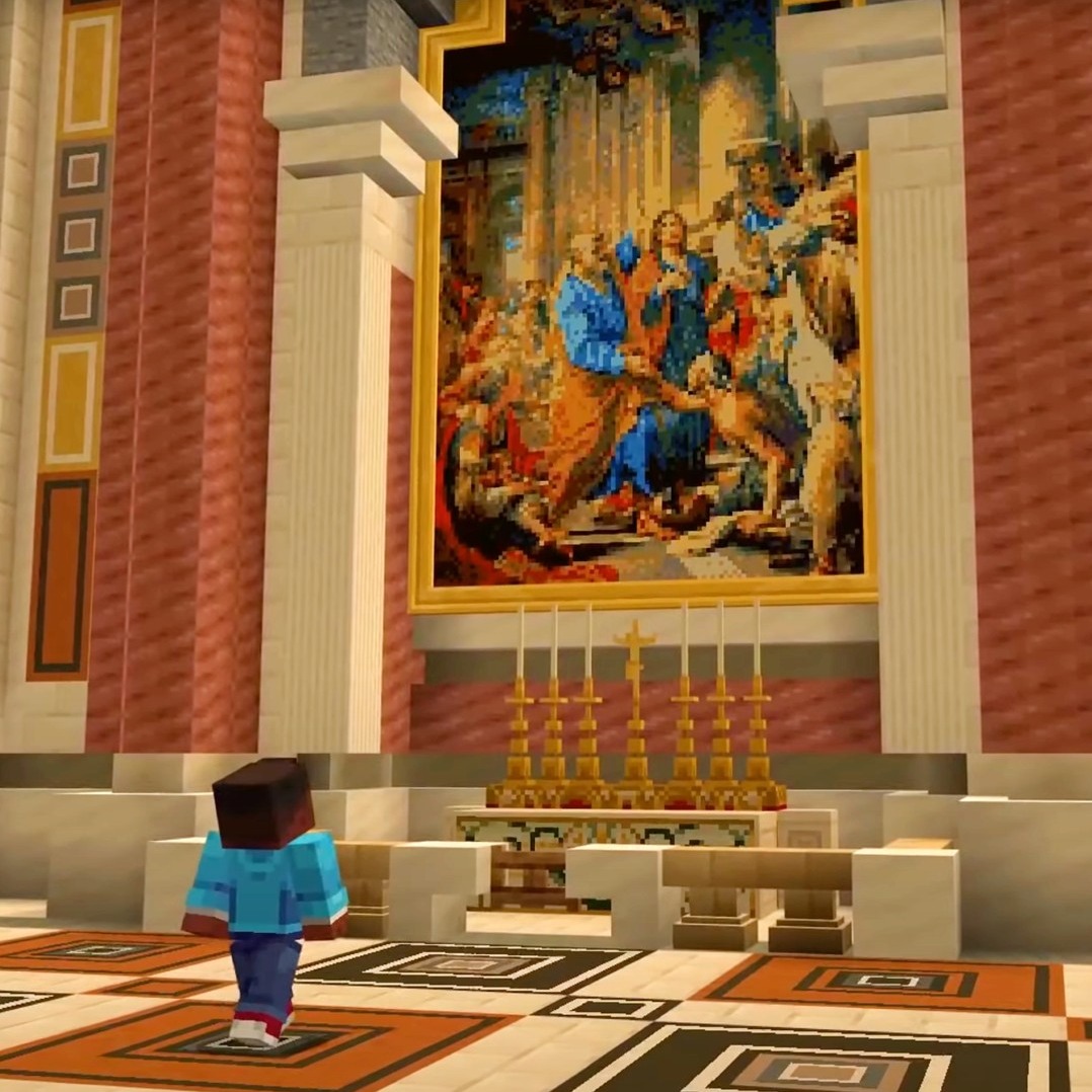 Captura de pantalla del juego "Peter is Here" basado en Minecraft Education