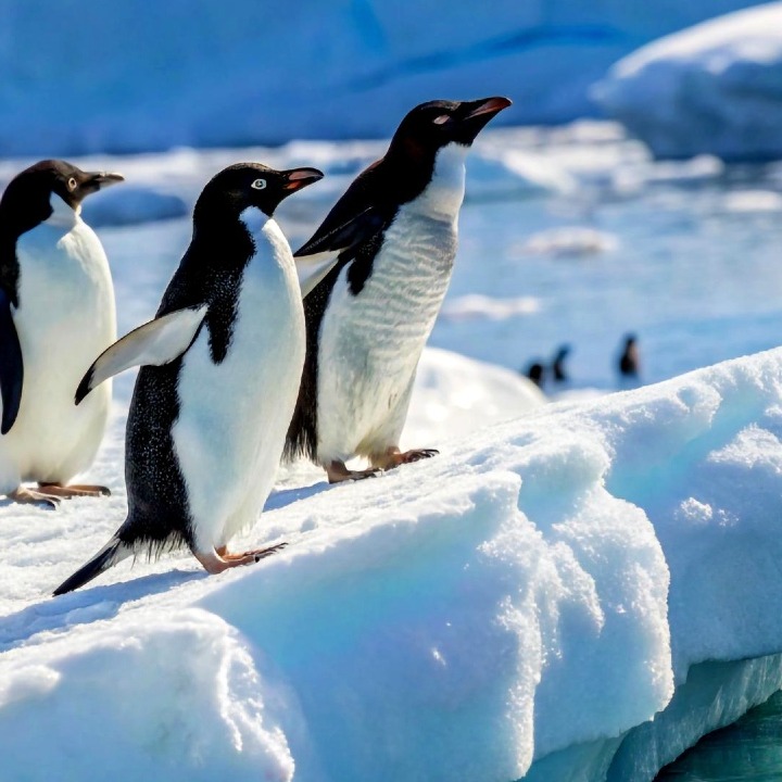 Cuatro pingüinos en el hielo a punto de saltar al agua