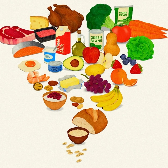 La nueva pirámide, invertida y con los alimentos dibujados en estilo acuarela