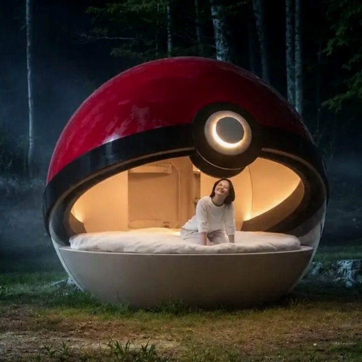 La Poké Ball en un bosque por la noche, abierta e iluminada con una cama y una chica dentro