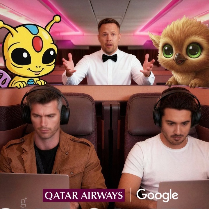 Dos chicos trabajando con el ordenador en un avión de Qatar Airways