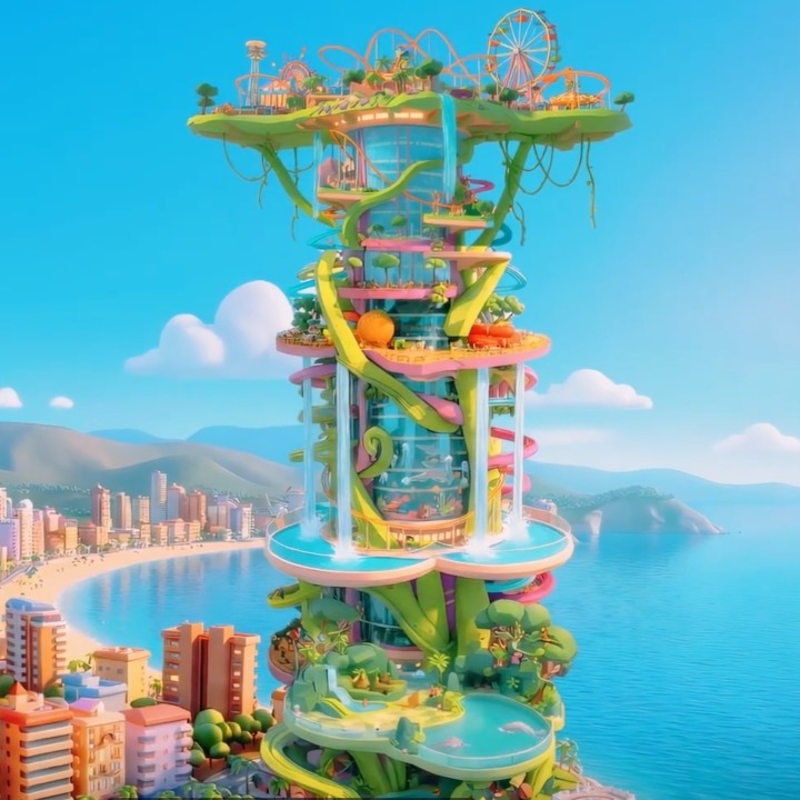Una ilustración de Benidorm donde se ve el rascacielos surrealista de muchos colores
