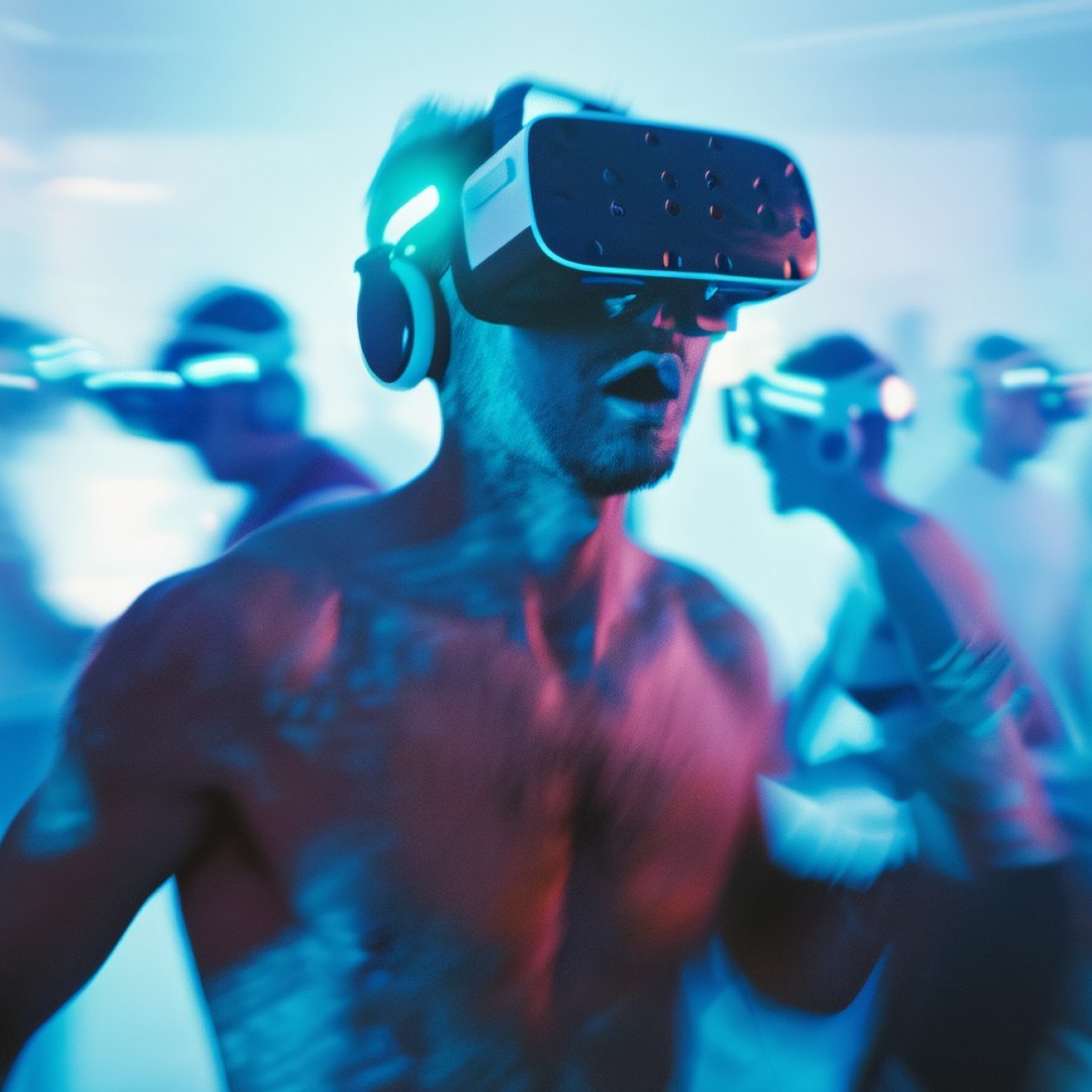 Chico con gafas de realidad virtual en una fiesta