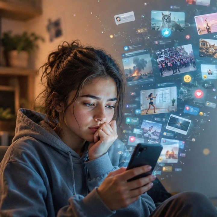 Una chica mirando el teléfono con cara de preocupación