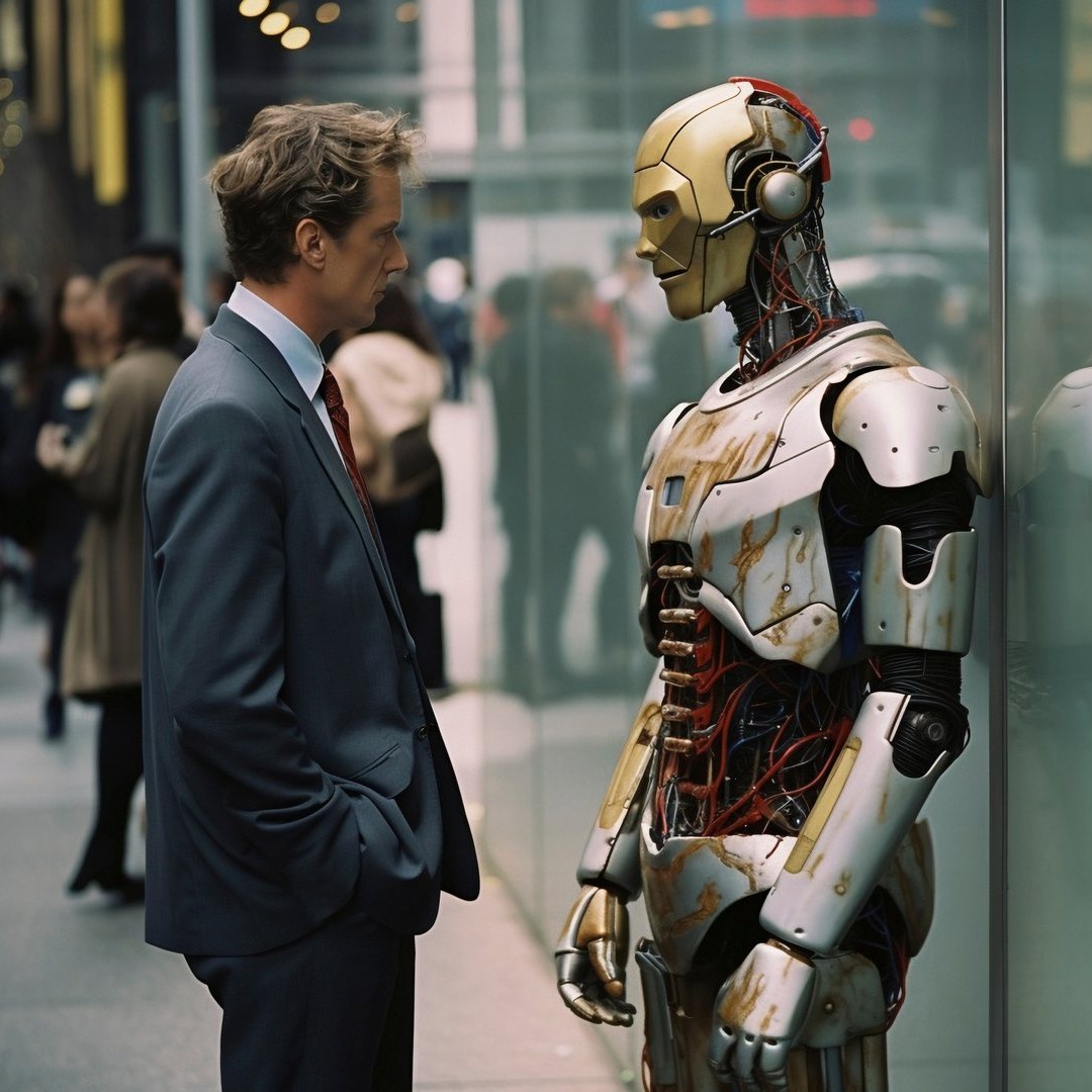 Un hombre de traje habla en la calle con un robot