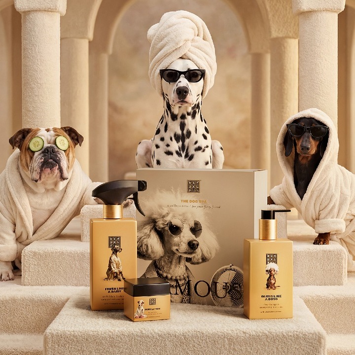 Tres perros con albornoz como si estuvieran en un spa junto a un bodegón de productos de Rituals