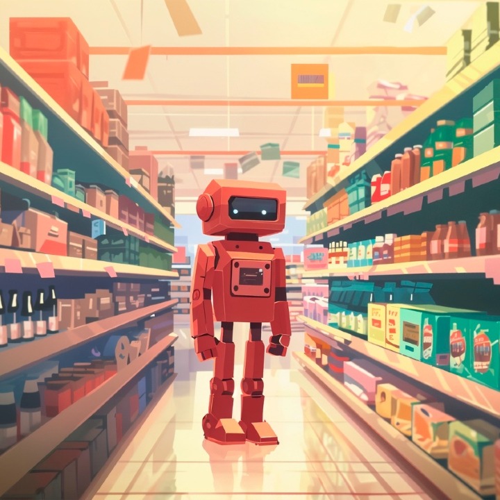 La ilustración de un robot en el pasillo de un supermercado