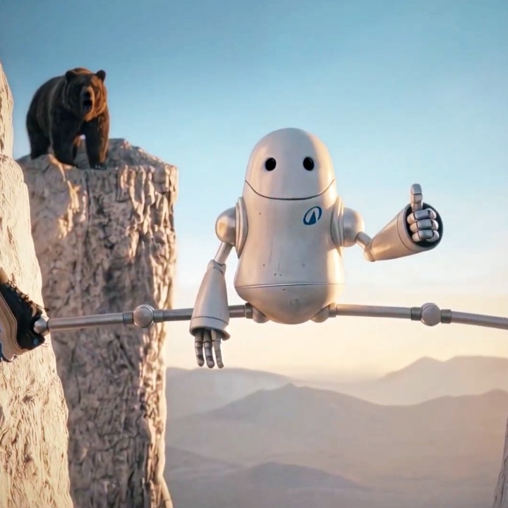 El robot abierto de piernas entre dos rocas huyendo de un oso