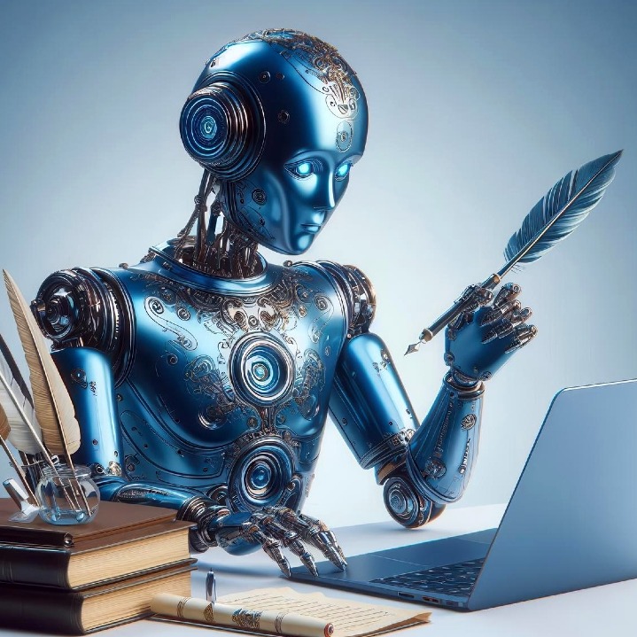 Un robot frente a un ordenador sosteniendo una pluma de escritura