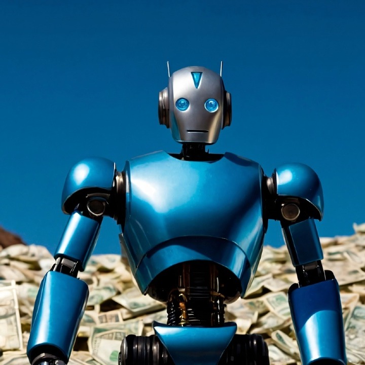 Un robot frente a una montaña de dinero