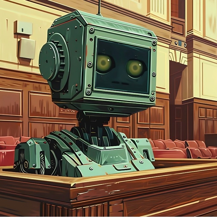 Ilustración de un robot sentado en un juzgado