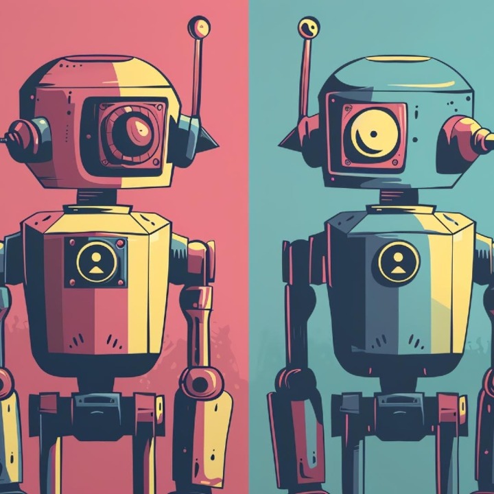 Ilustración con dos robots, uno sobre fondo rojo y el otro sobre fondo verde