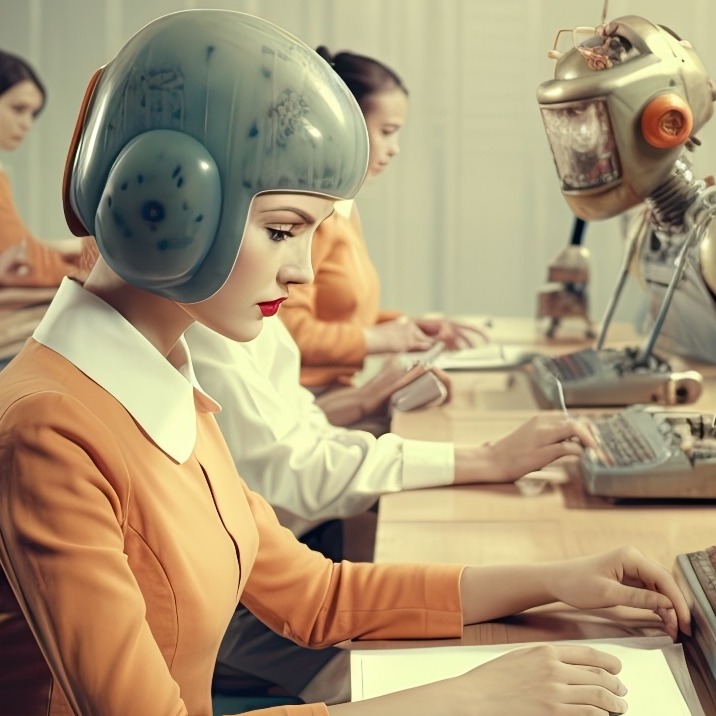 una chica escribe a máquina guiada por un robot