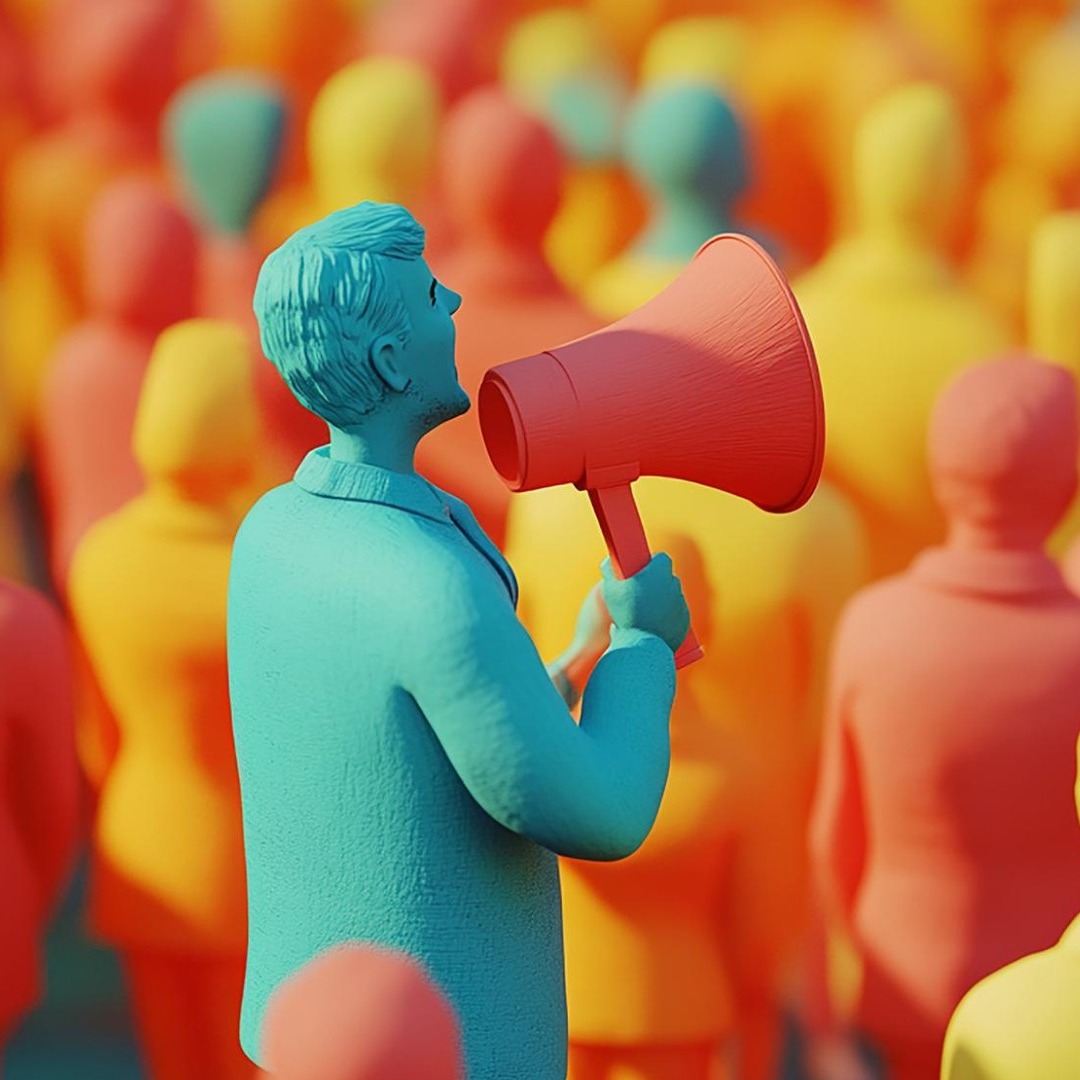 Figura de un hombre con un altavoz frente a una multitud