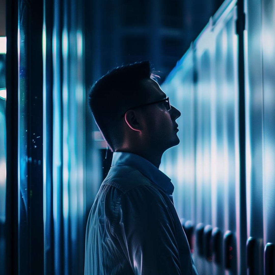 Un hombre dentro de un centro de datos