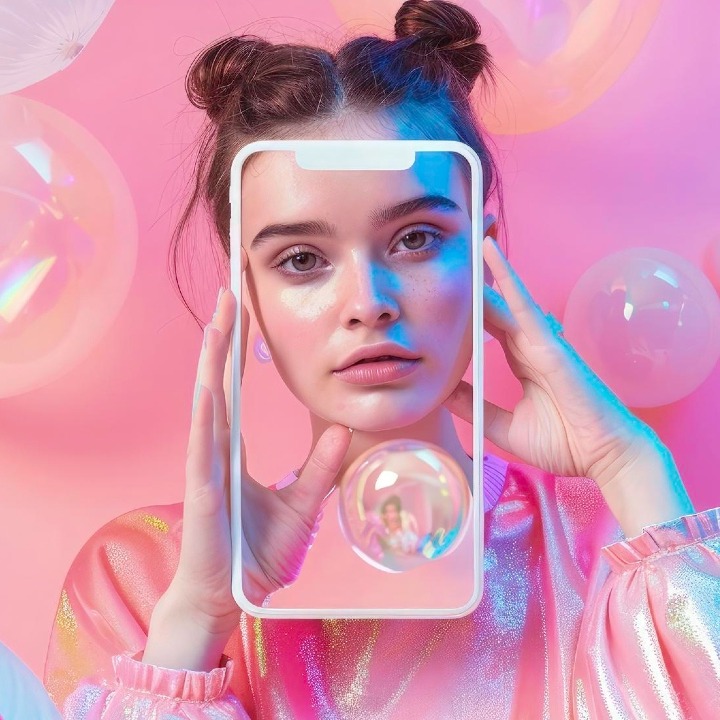 Una chica posando entre globos rosas con un marco en forma de teléfono móvil sobre la cara