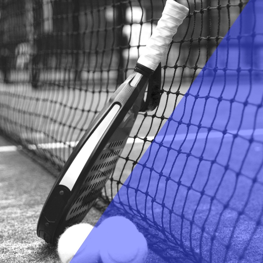 Raqueta y pelotas de pádel apoyadas contra una red