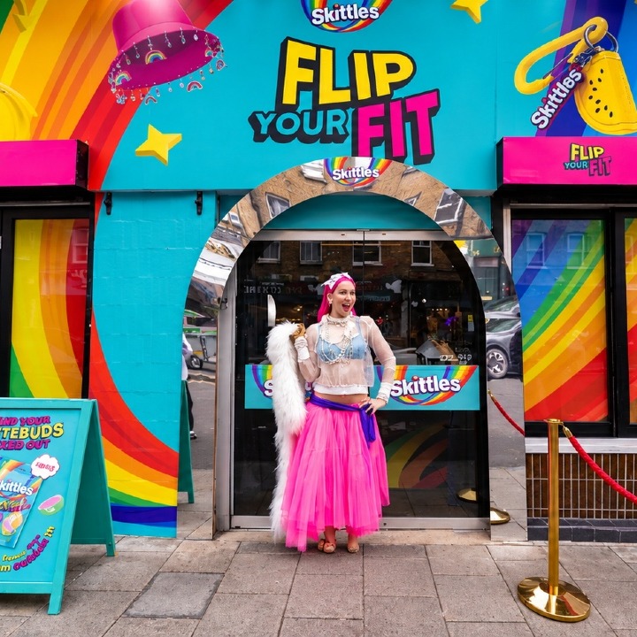 Una chica vestida de colores frente a la pop-up de Skittles