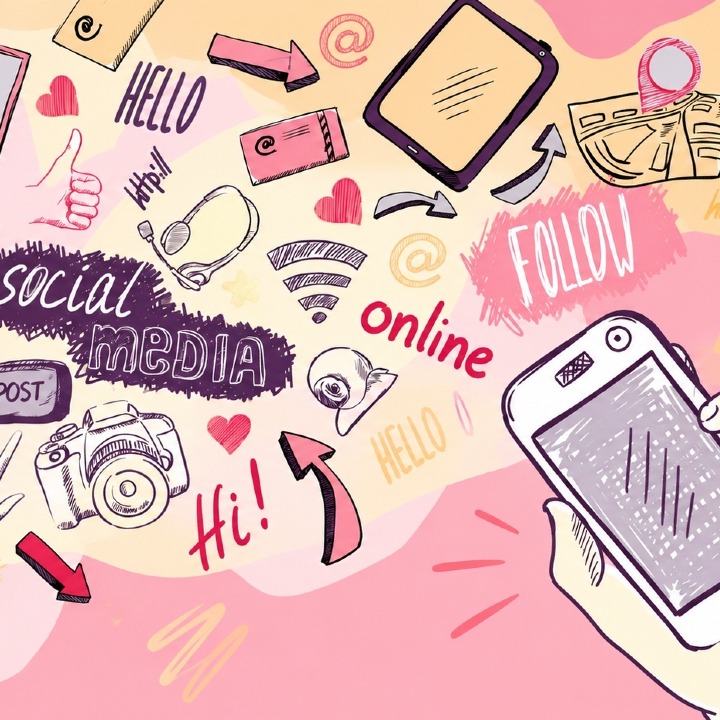Un collage tipo dibujo con iconos y palabras relacionadas con las redes sociales y una mano con un teléfono móvil