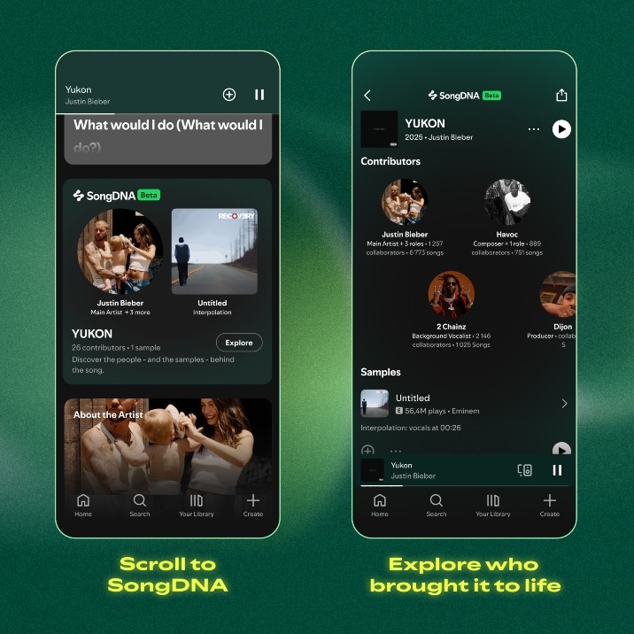 La interfaz de SongDNA en tres pantallas de teléfono diferentes, mostrando las diferentes opciones de la funcionalidad