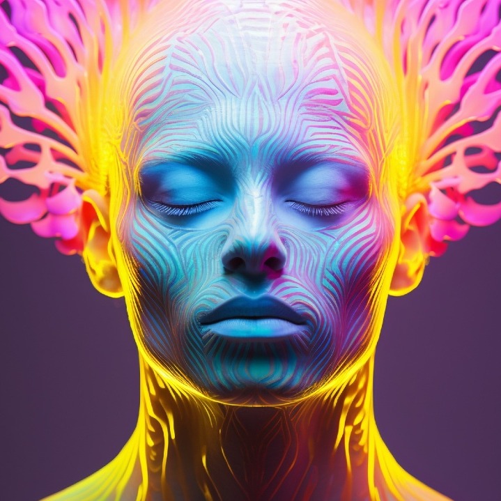 La ilustración de un rostro con ojos cerrados y unas líneas de colores que se elevan hacia arriba