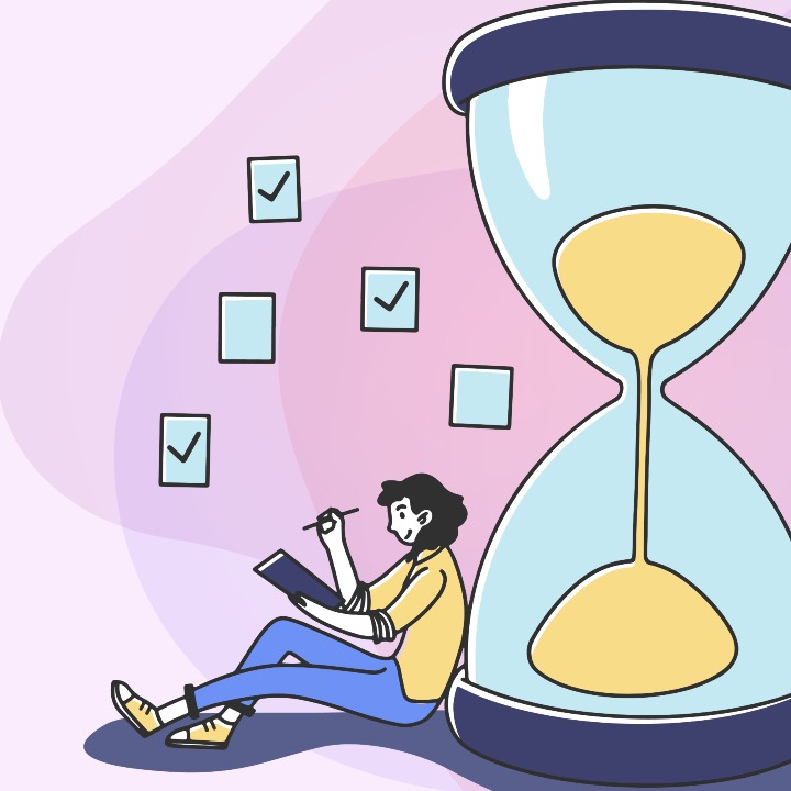 Una ilustración de un reloj de arena gigante y dos personas trabajando a cada lado