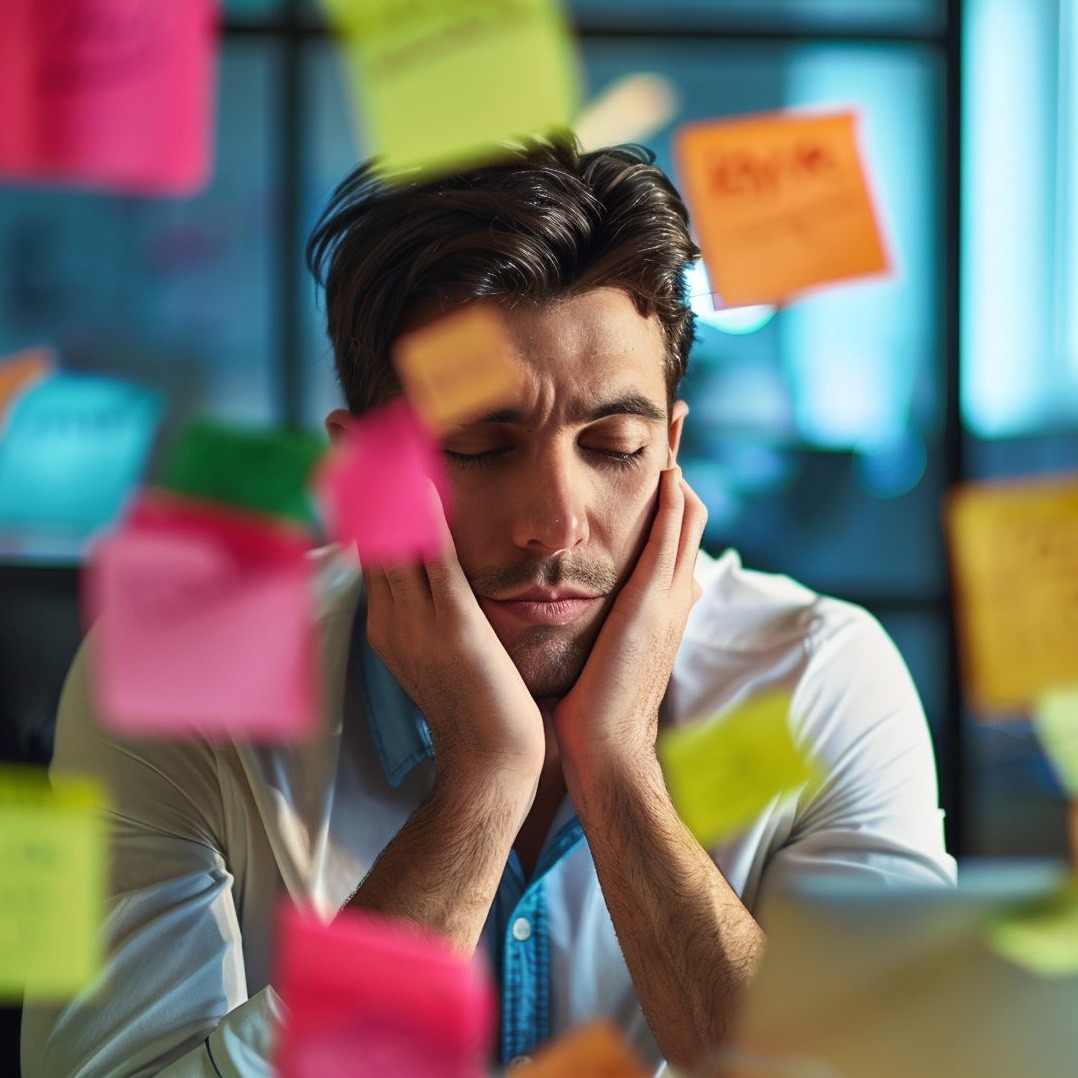 Hombre en la oficina rodeado de post-its