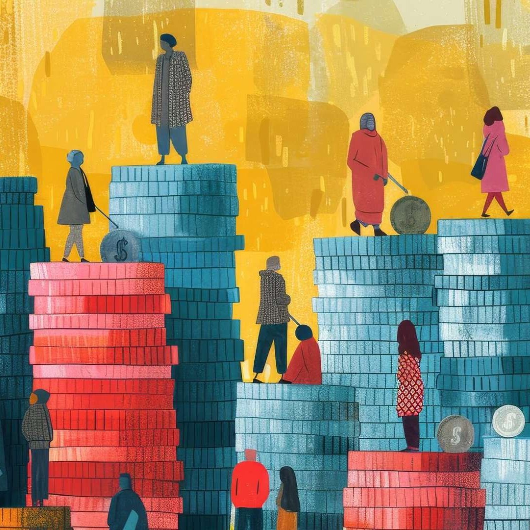 Ilustración de personas sobre montañas de monedas