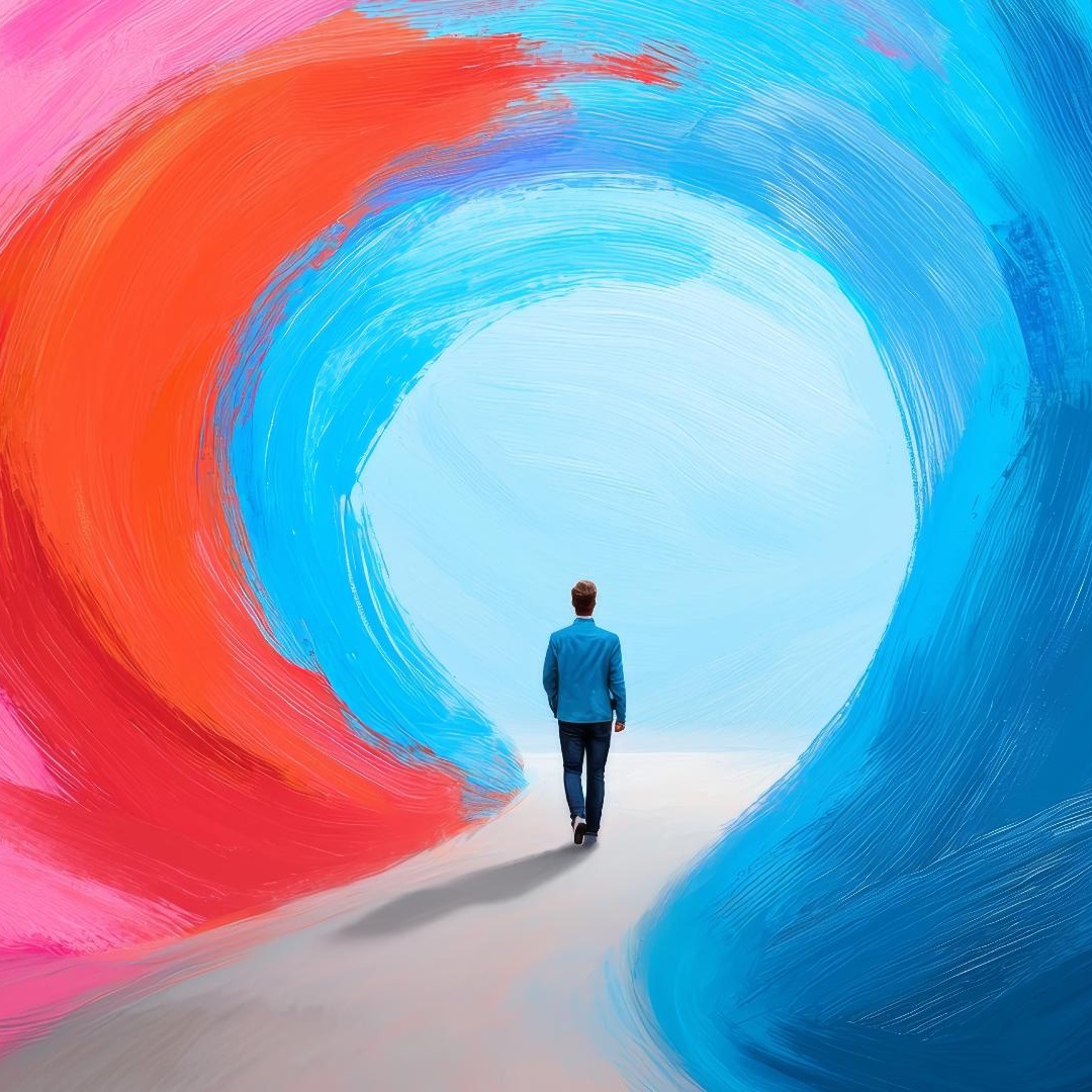Ilustración de un hombre que atraviesa un túnel de colores