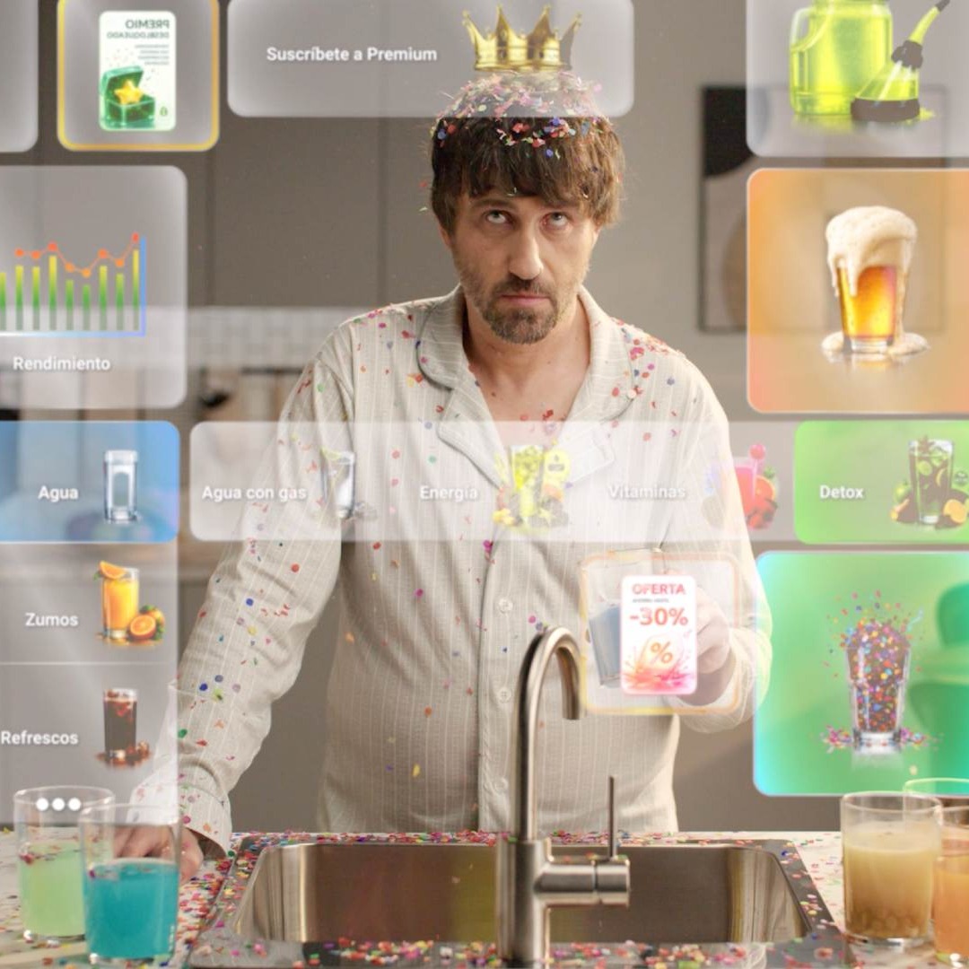 Hombre rodeado de anuncios digitales