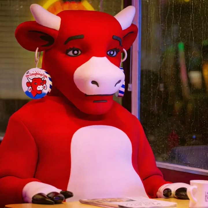 La vaca sentada en un bar con una cristalera lluviosa y el rostro triste