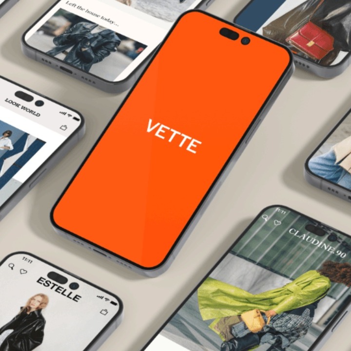 patallas de teléfonos y uno de ellos con fondo naranja y el logotipo de Vette